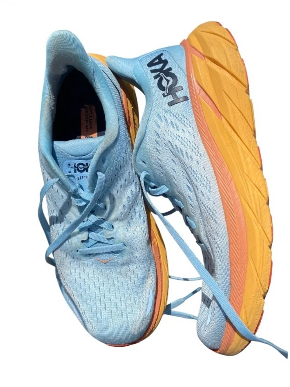 Hoka Clifton 8 Women's Light Blue and Orange Athletic Running Shoes size 7.5